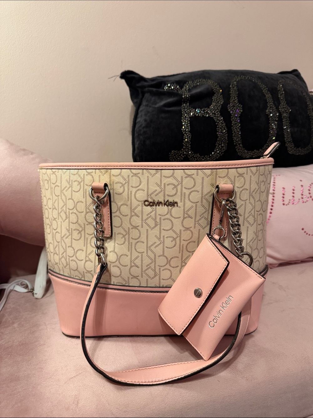 Calvin Klein Beige and Pink Logo Tote with Removable Wallet